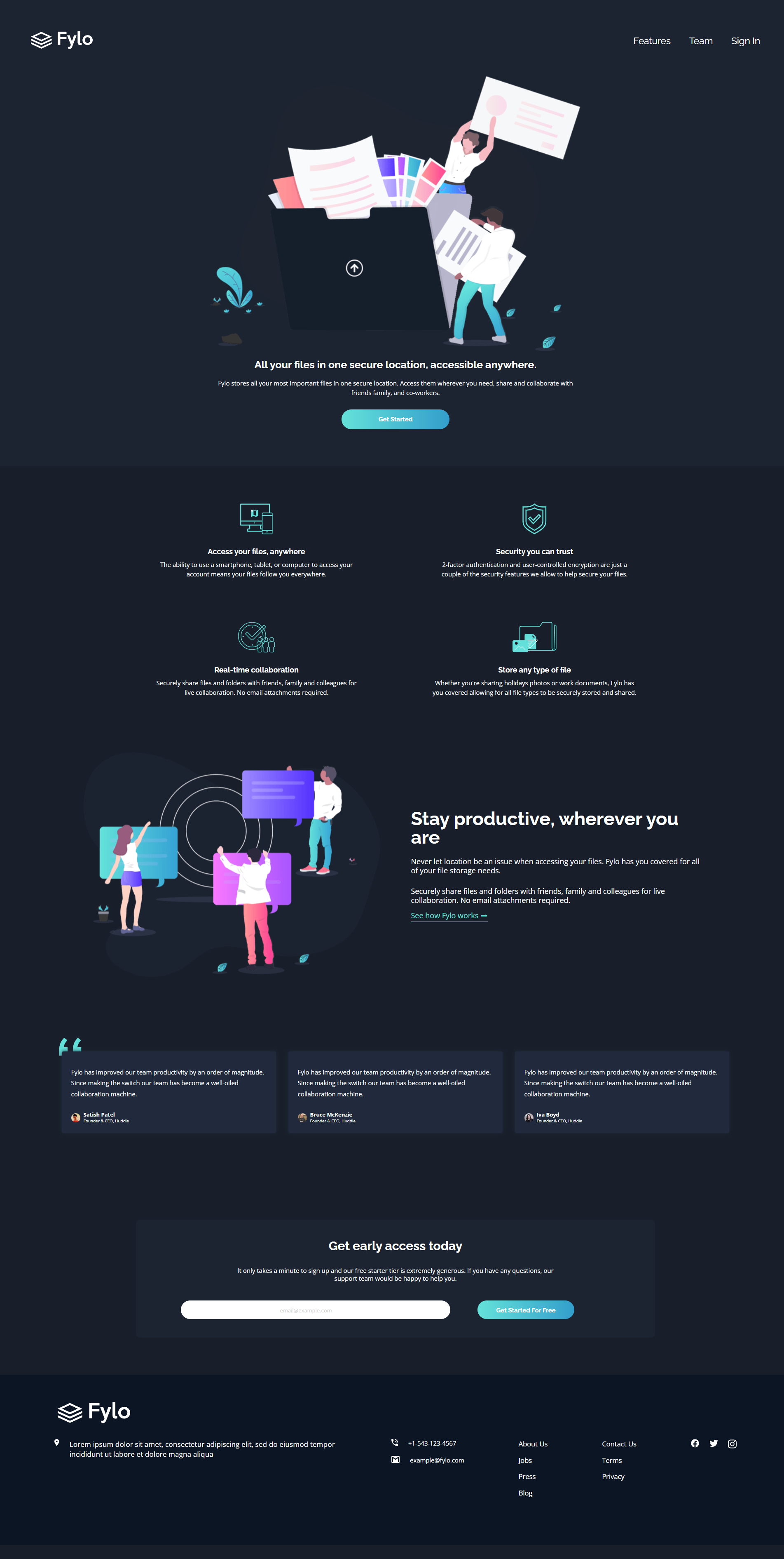 Fylo landing page with dark theme and features grid shot