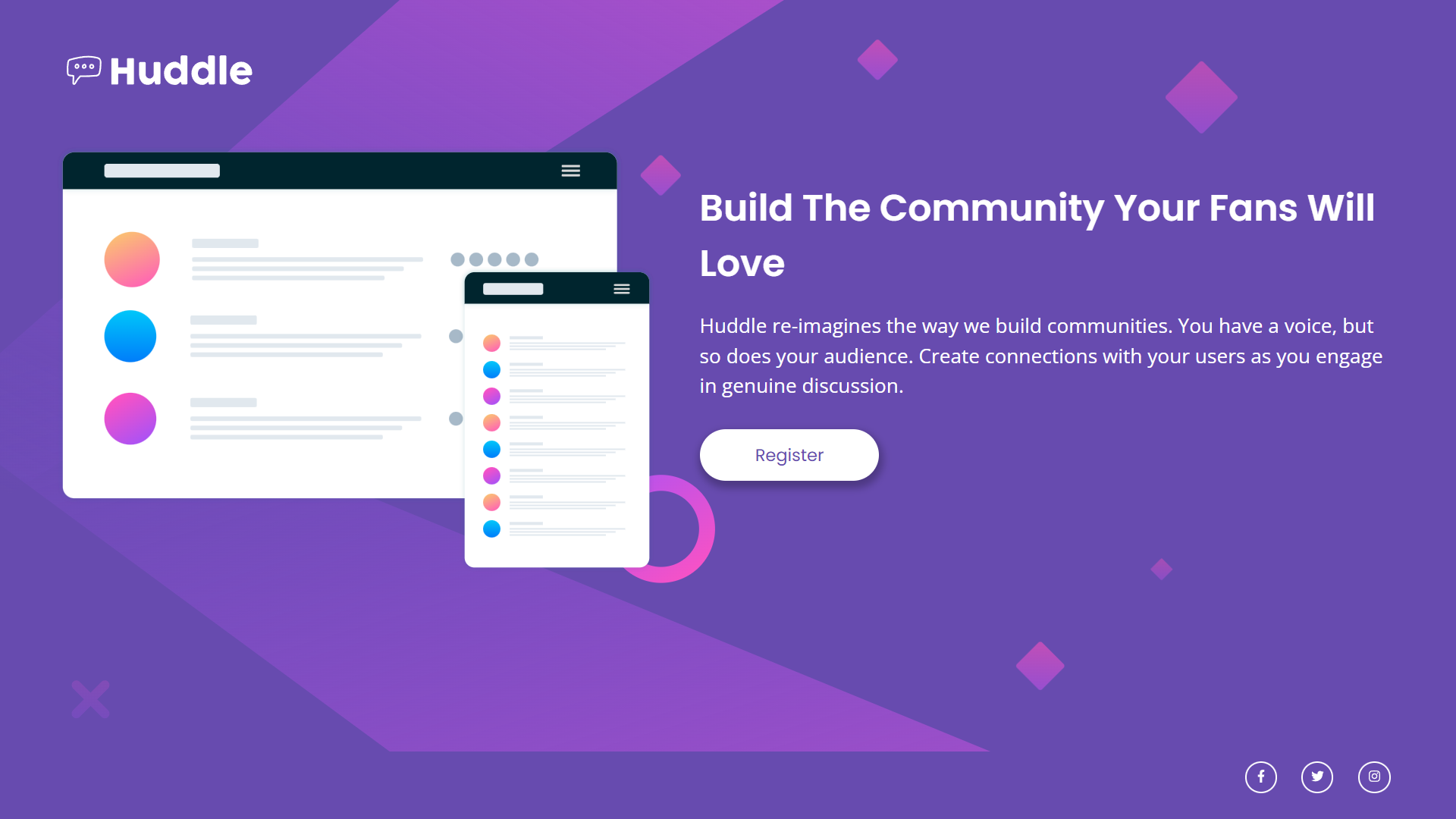 Huddle landing page with single introductory section shot